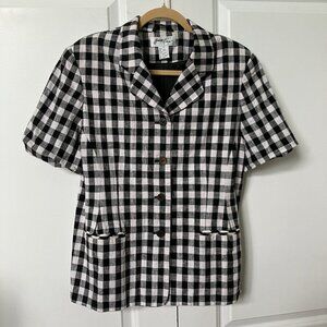 Vintage Jennifer Eden Blazer Top Womens 14 Linen Blend Gingham Black White Shirt